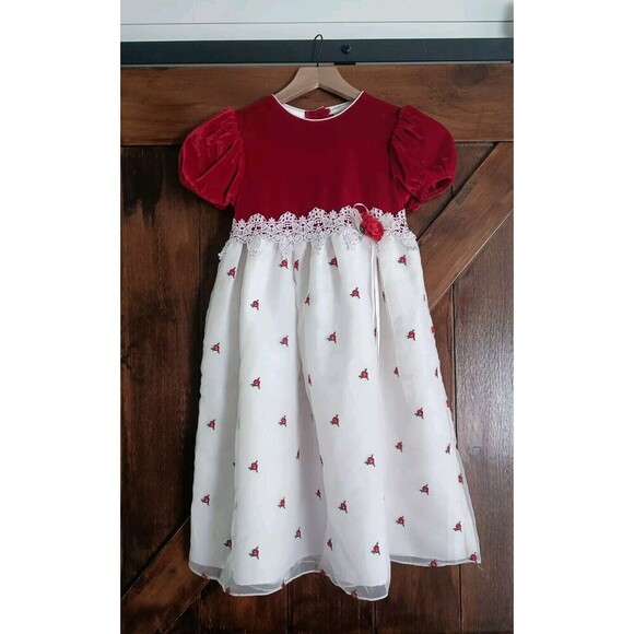 Rare Too Other - Vtg Red Velvet Dress Lace Puff Sleeve Rose Cottagecore Rosette Embroidered Dance